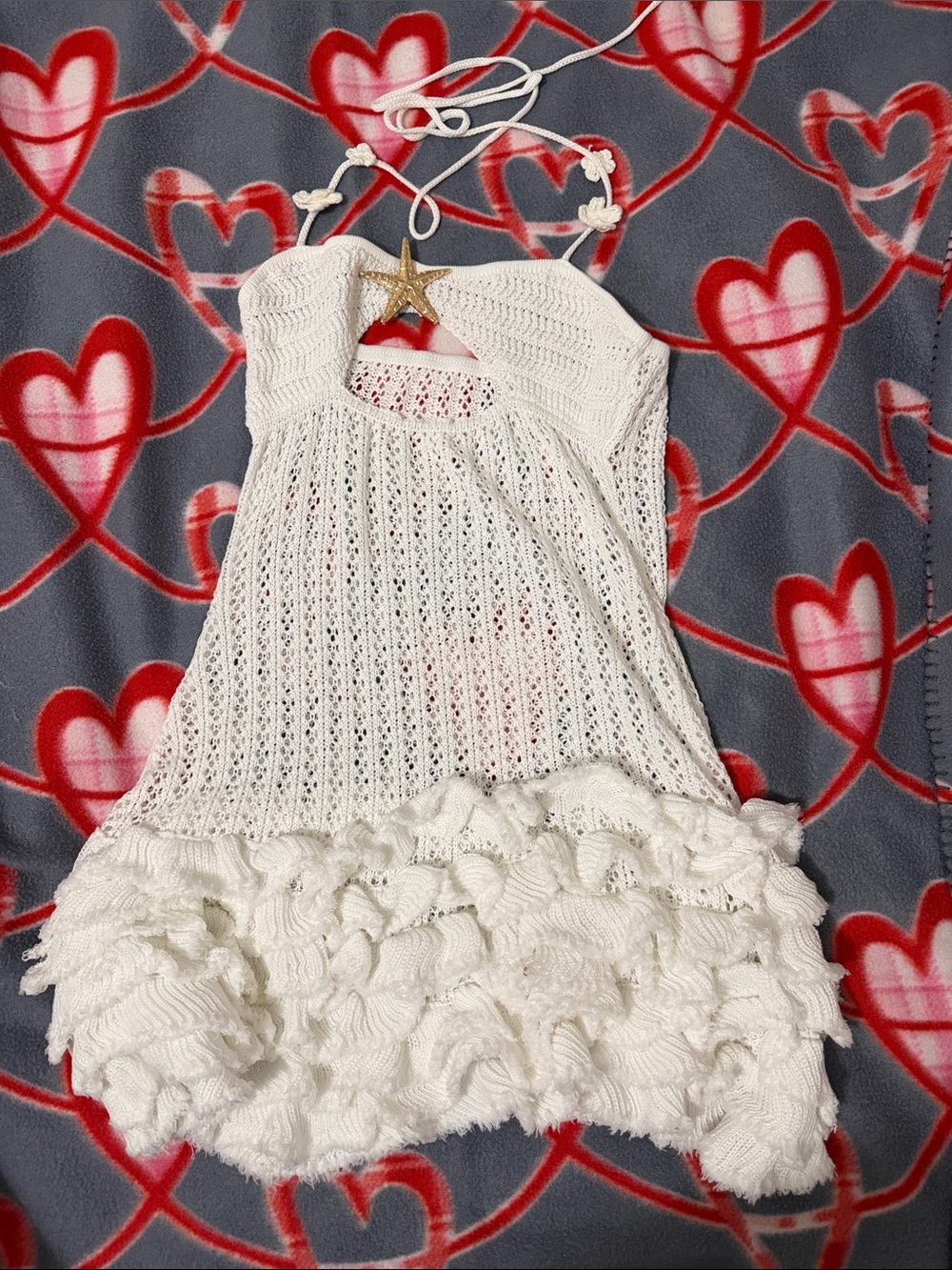 NWOT SHEIN White Crochet Halter Swim Coverup with Ruffle Hem